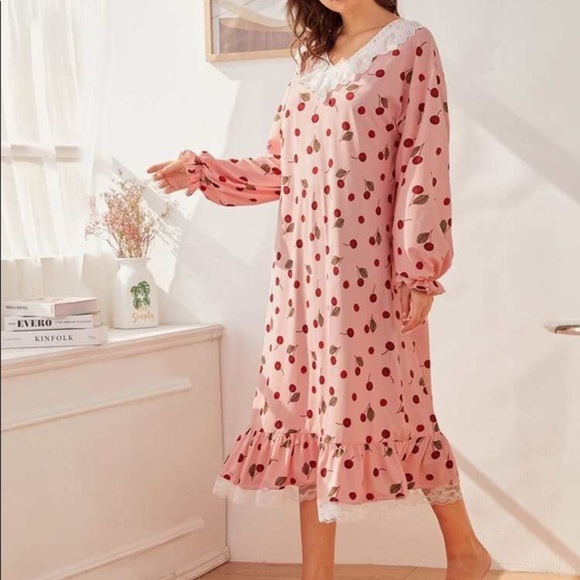 New Pink Cherry Ruffle Long Sleeve Nightgown​ - Picture 4 of 5